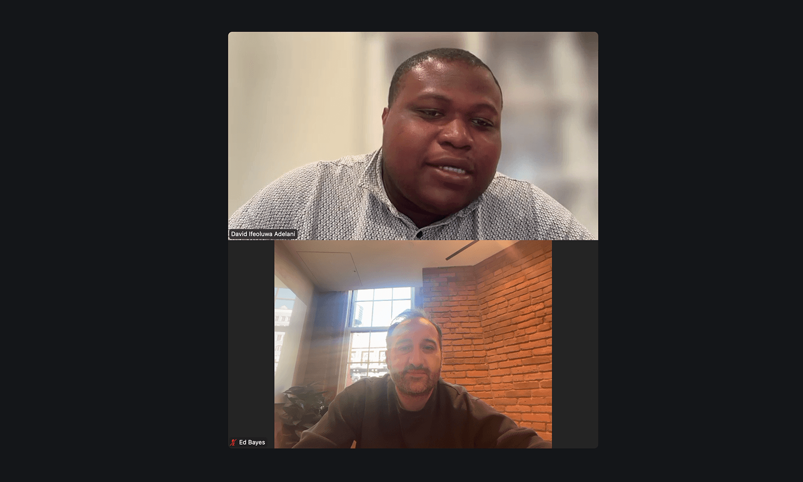 David Adelani and Ed Bayes speaking over Zoom